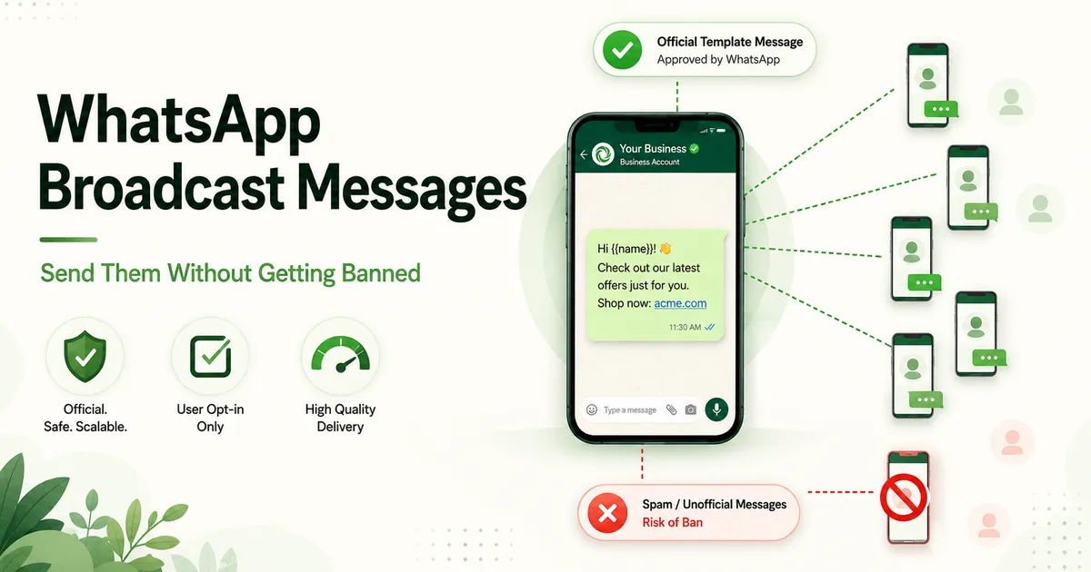 One WhatsApp message fanning out to many phones, with an approved-template check and a red banned warning