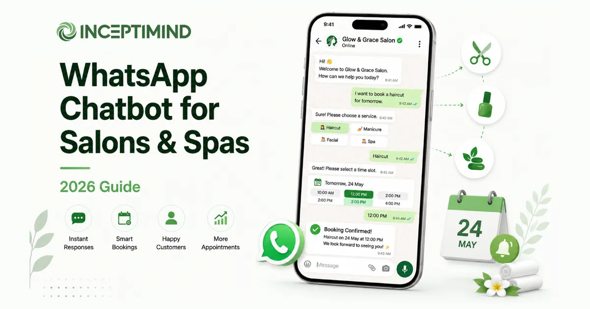 WhatsApp chat on a phone booking a salon haircut, showing a service menu and time slots